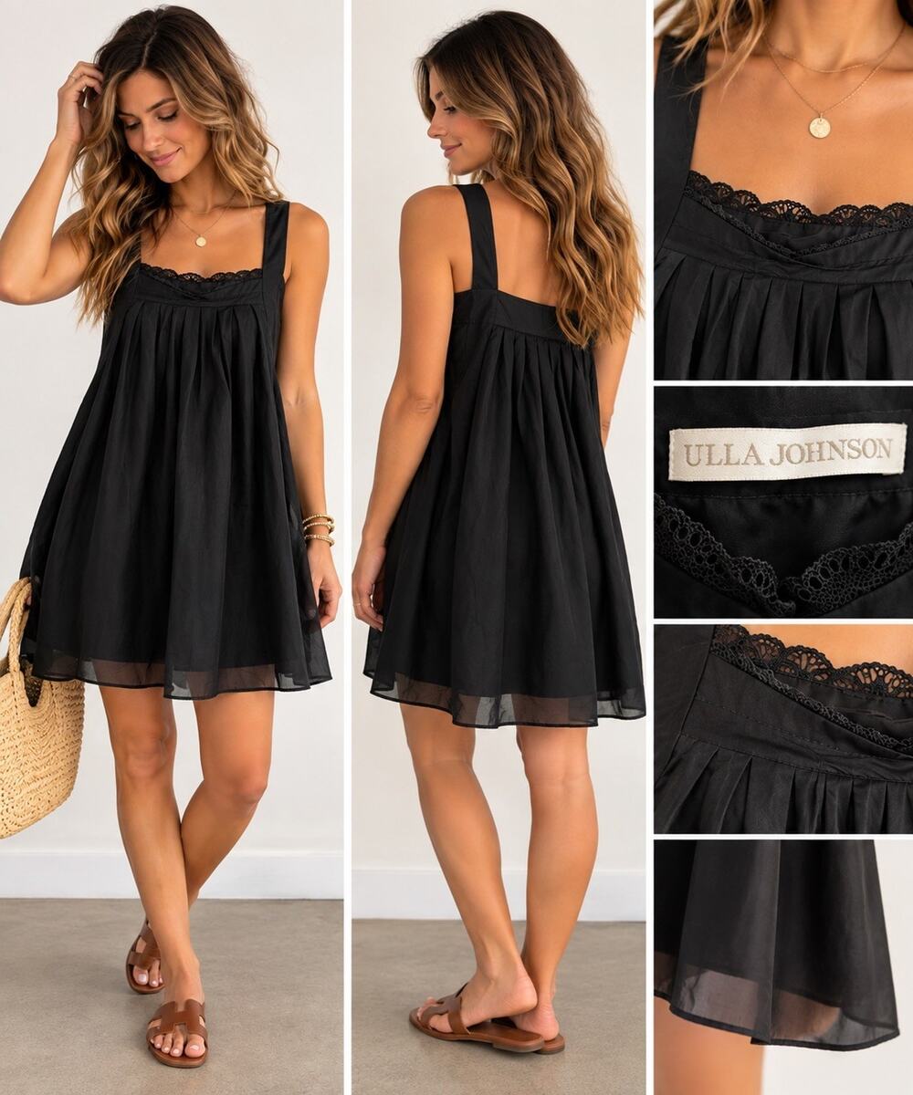 Ulla Johnson Black Pleated Square Neck Wide Strap Tank Top Women’s Size 4